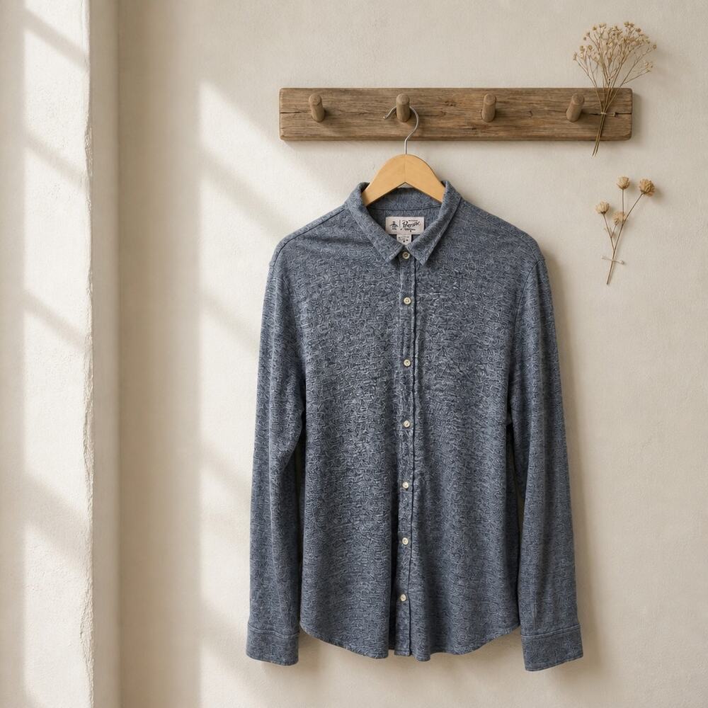 Original Penguin Men XL Blue Heathered Knit Button Down Shirt Long Sleeve Cotton
